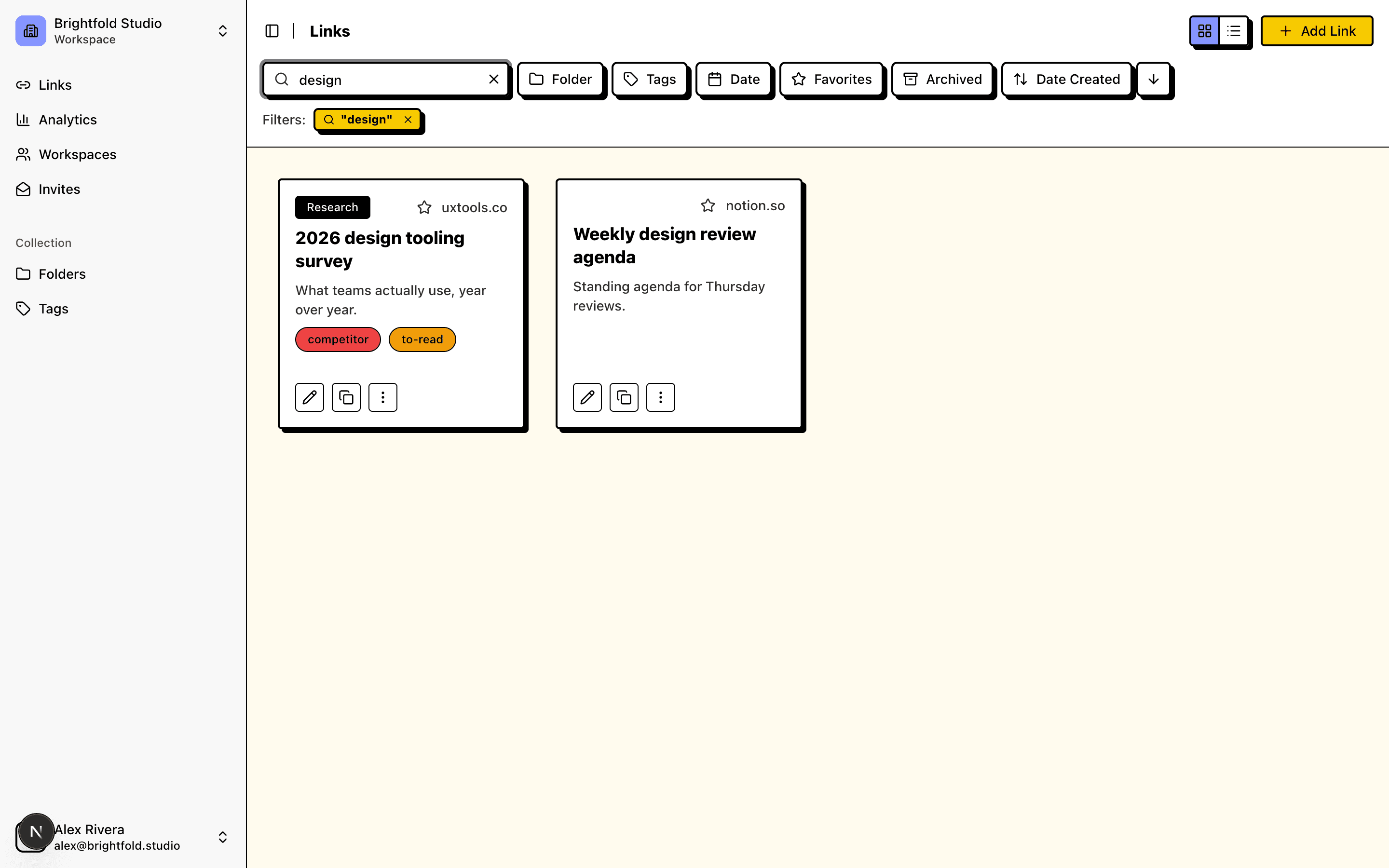 Search and filters in Linkbry narrowing a library down to matching links.