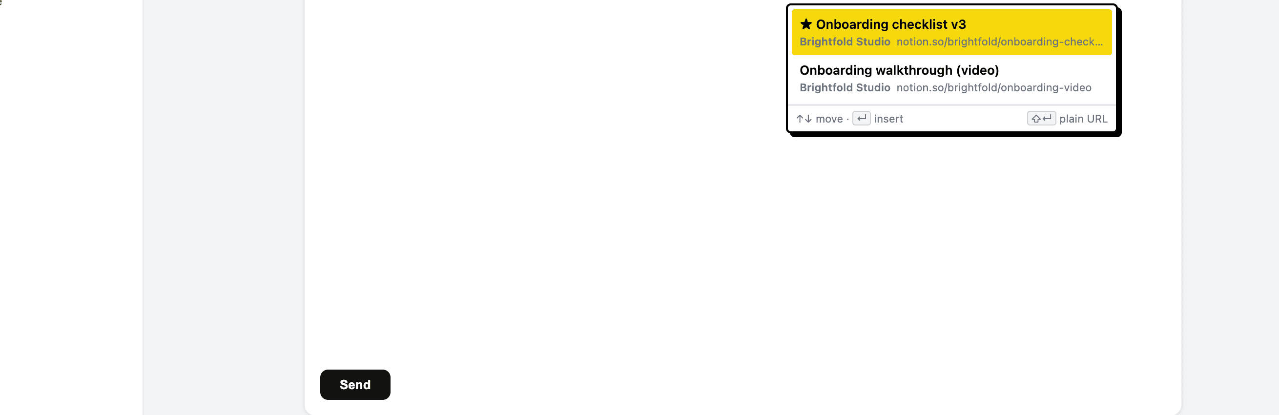 Typing a shortcut in an email composer opens the Linkbry picker, filtered to matching saved links.