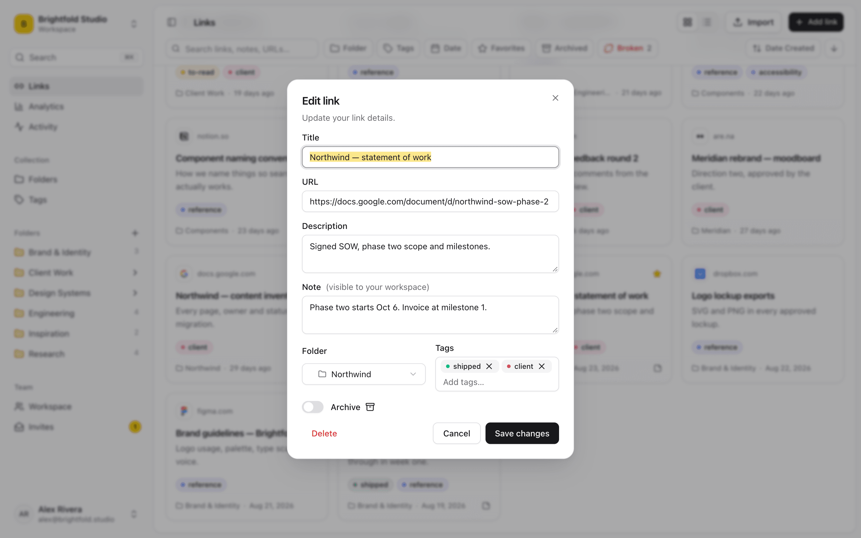 Editing a saved statement of work in Linkbry, with a description, a private note about the next milestone, a client folder and tags.