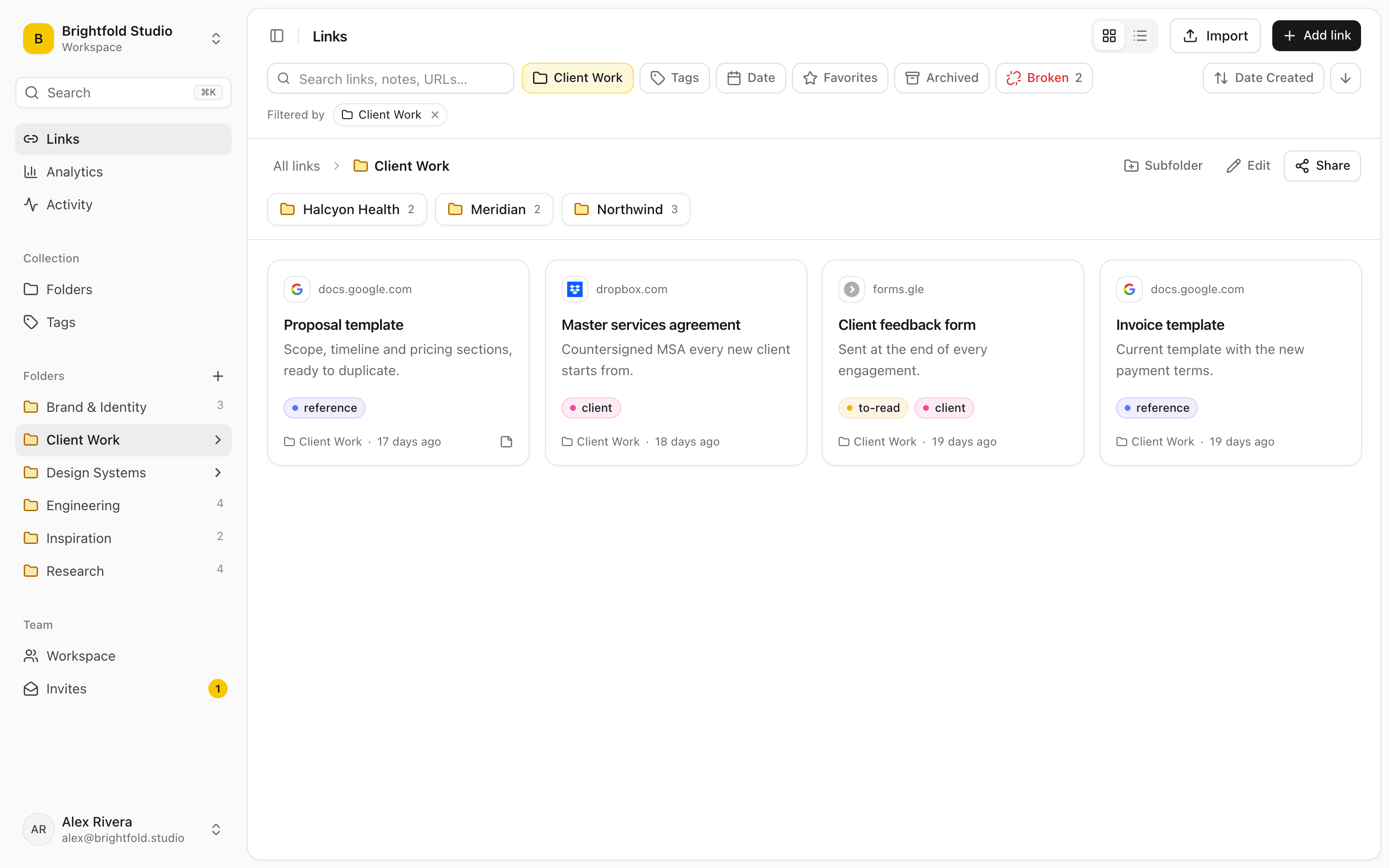 A Client Work folder in Linkbry with a subfolder per client and saved links to a proposal template, a master services agreement and a client feedback form.