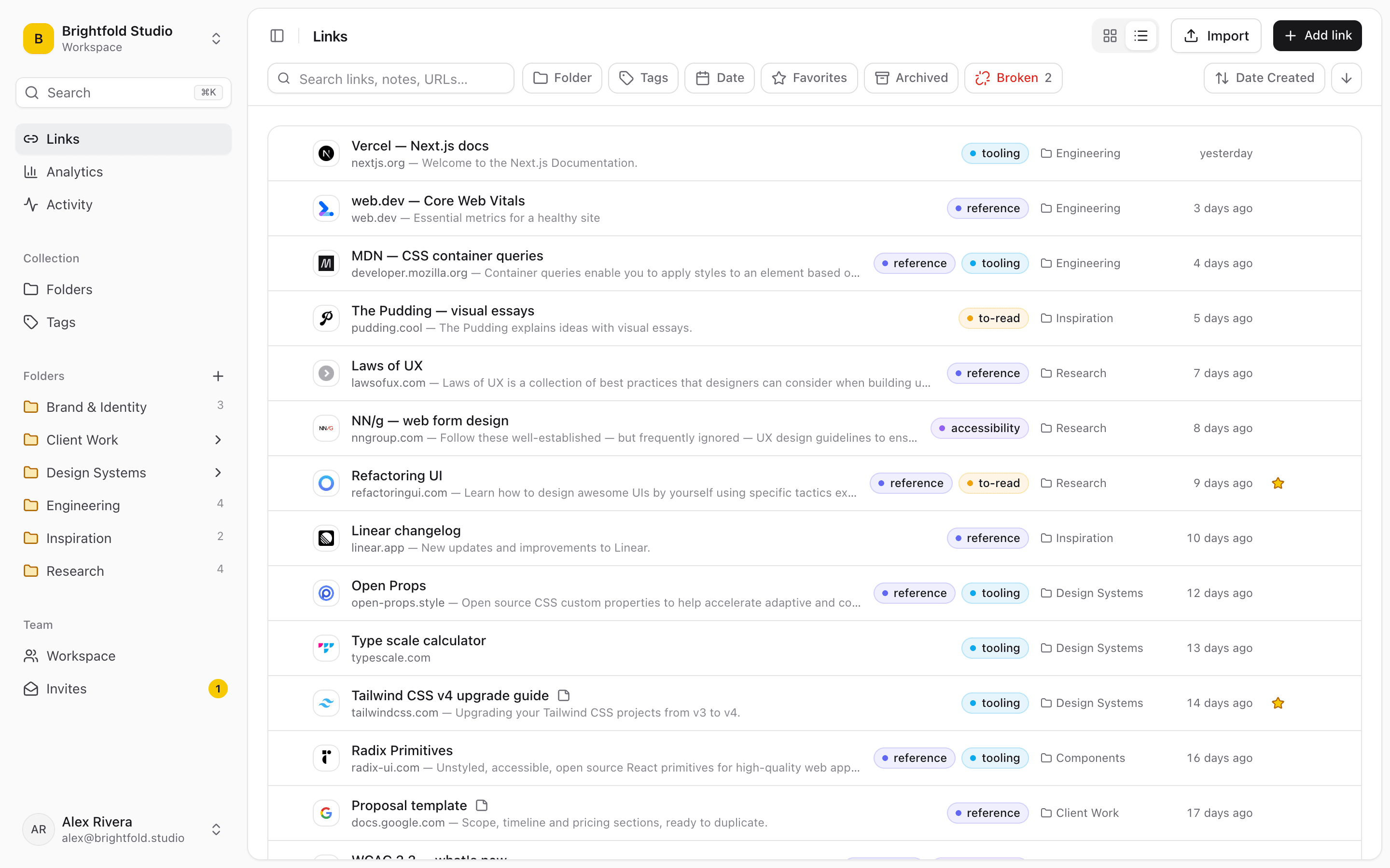Imported links in a Linkbry workspace, shown as a searchable, organized list.