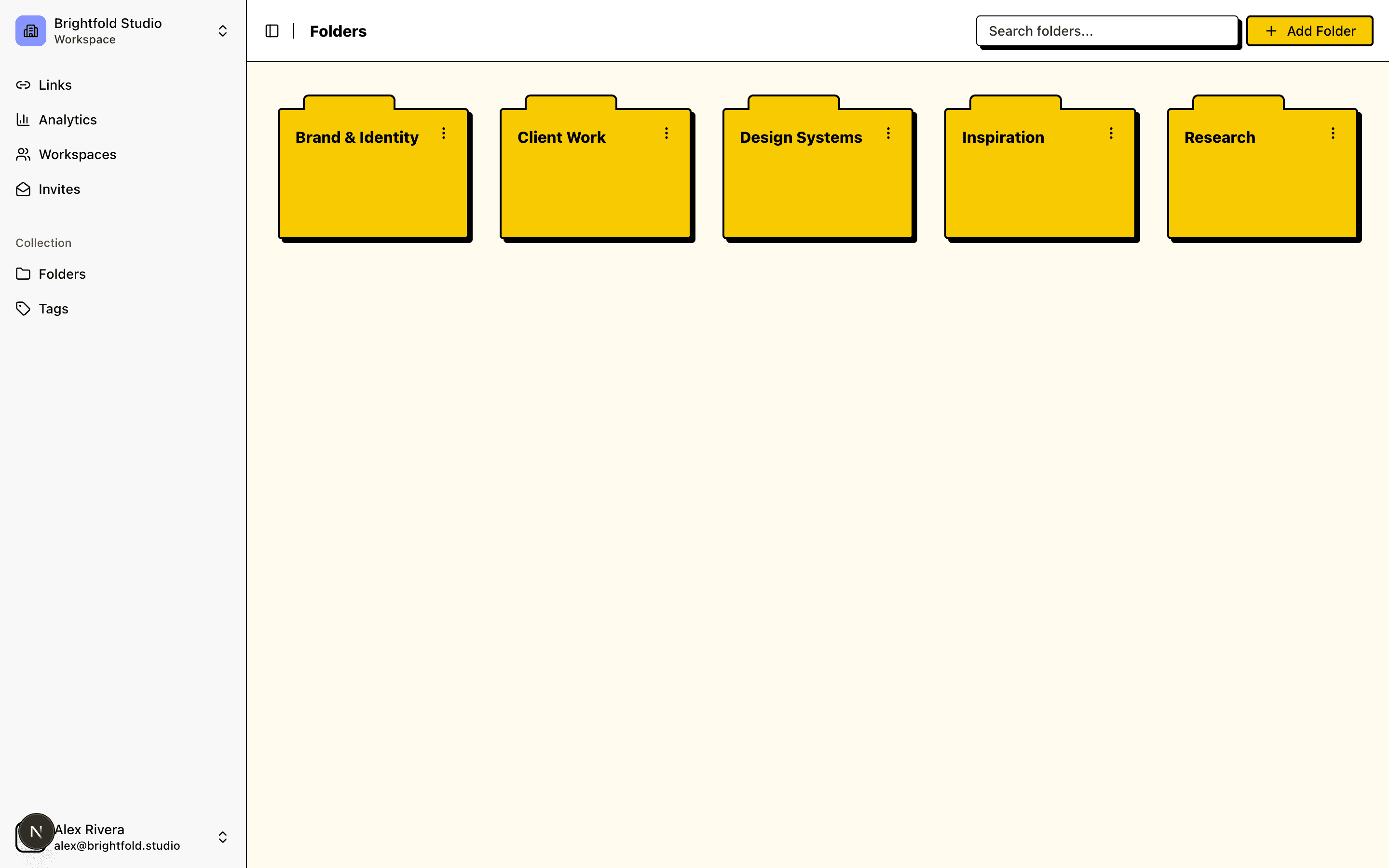Linkbry folders, with one folder per project and technology stack.