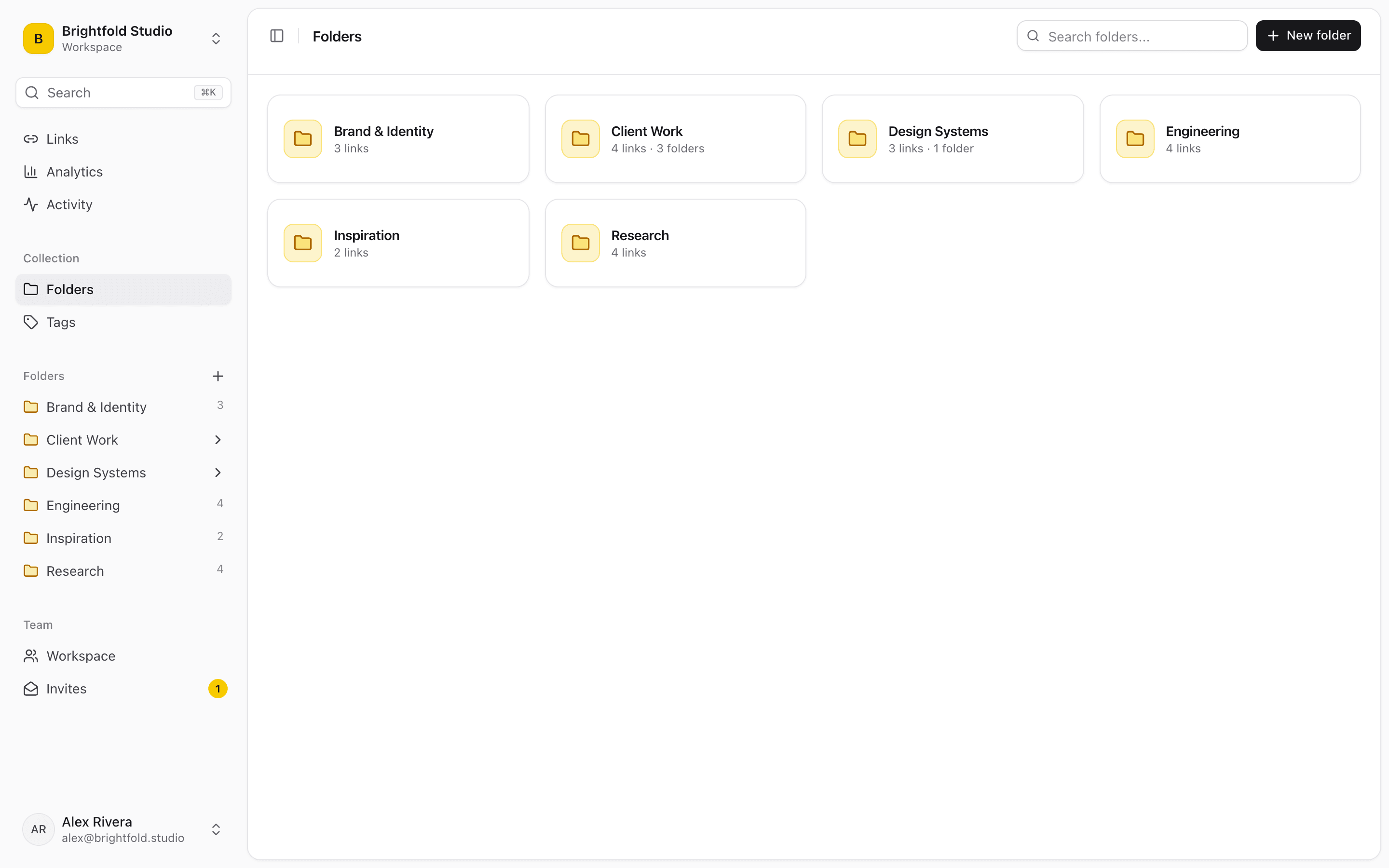 Linkbry folders for a team workspace, including a Start here folder for new hires.
