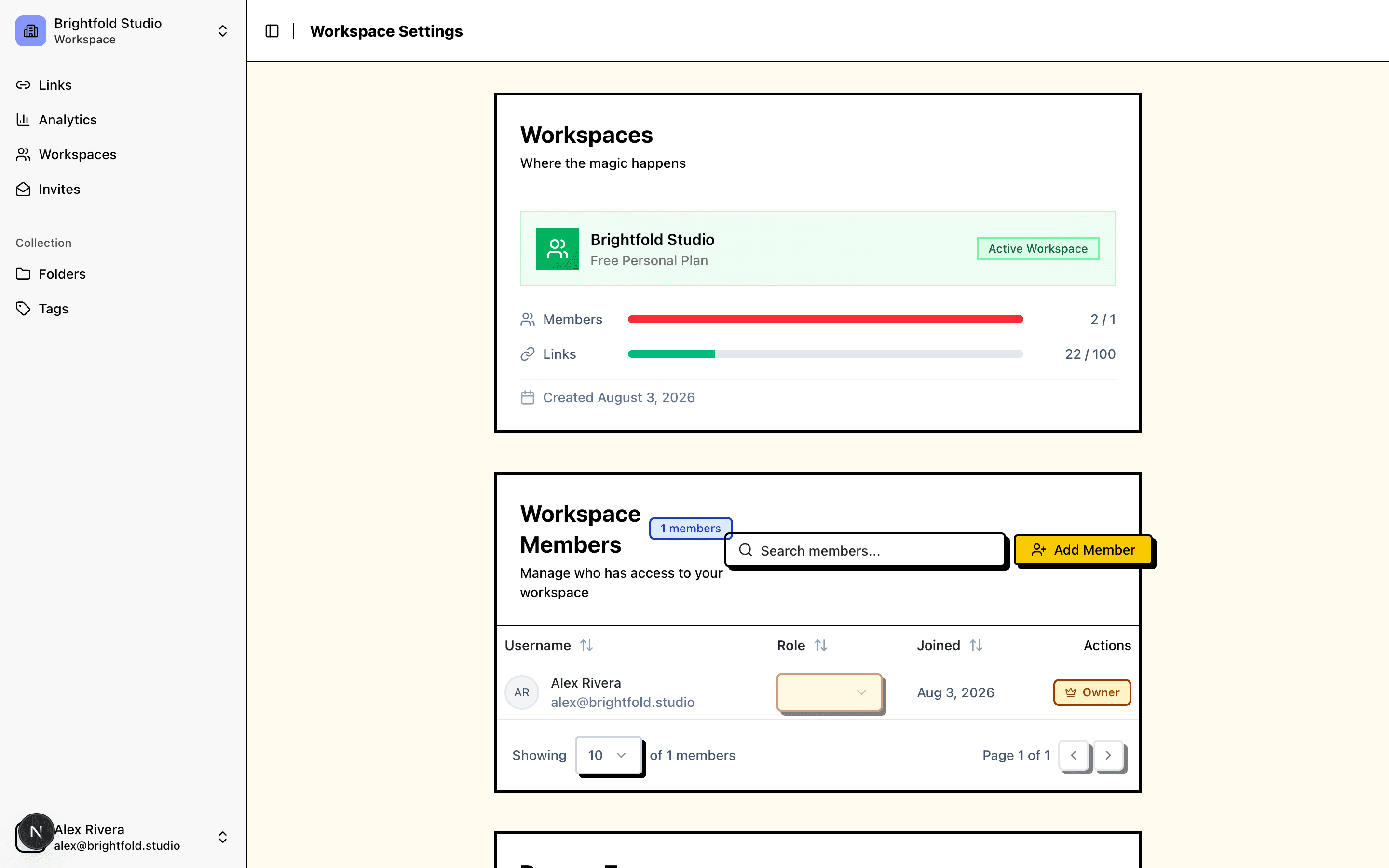 Linkbry workspace settings, listing team members and their roles.