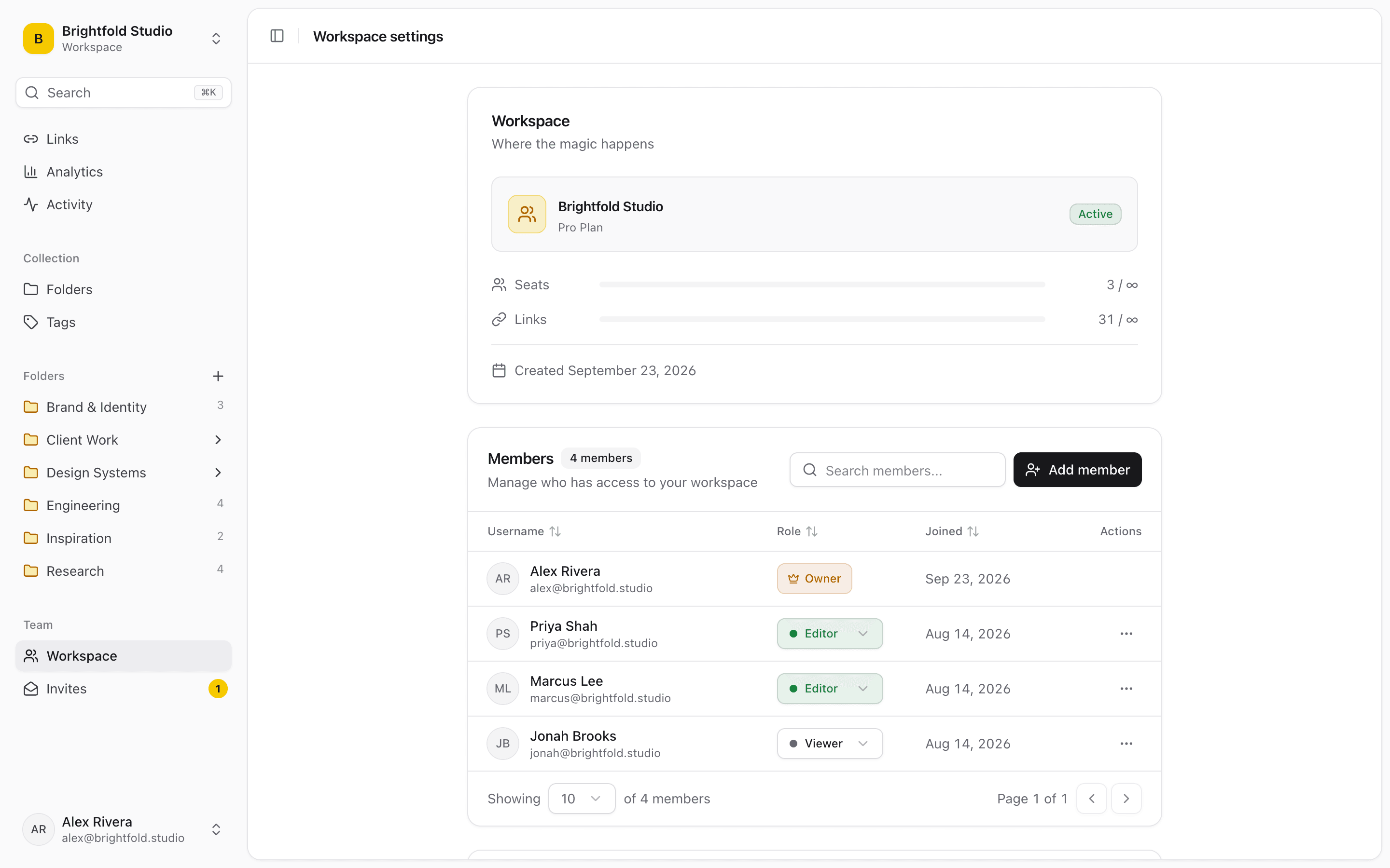 Linkbry workspace settings, listing team members with owner, editor and viewer roles.