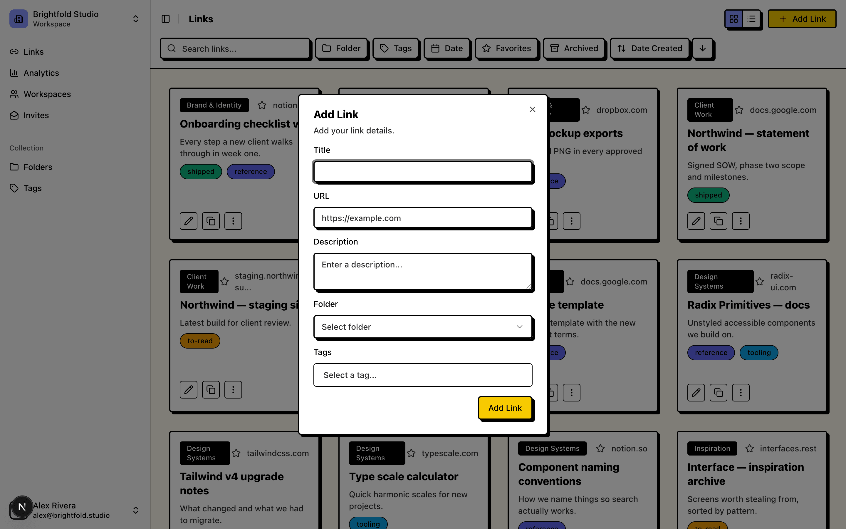 The Add link dialog in Linkbry, with fields for title, URL, folder and tags.