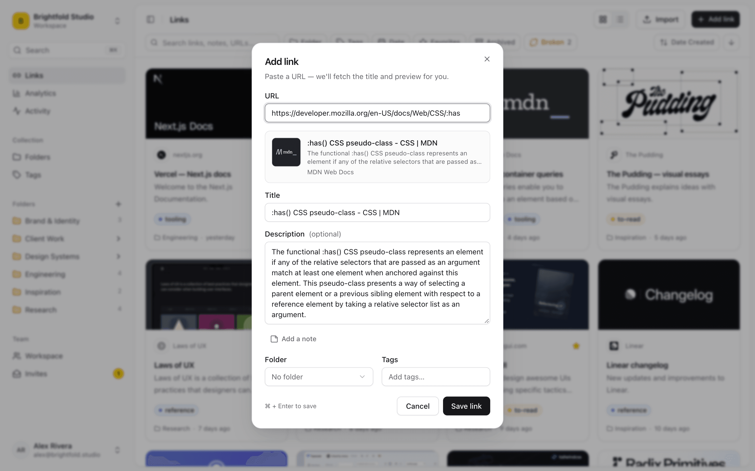 The Add link dialog with an MDN URL pasted in. Linkbry has fetched the page's title, description and preview, with fields below for a note, folder and tags, and a ⌘ + Enter to save hint.