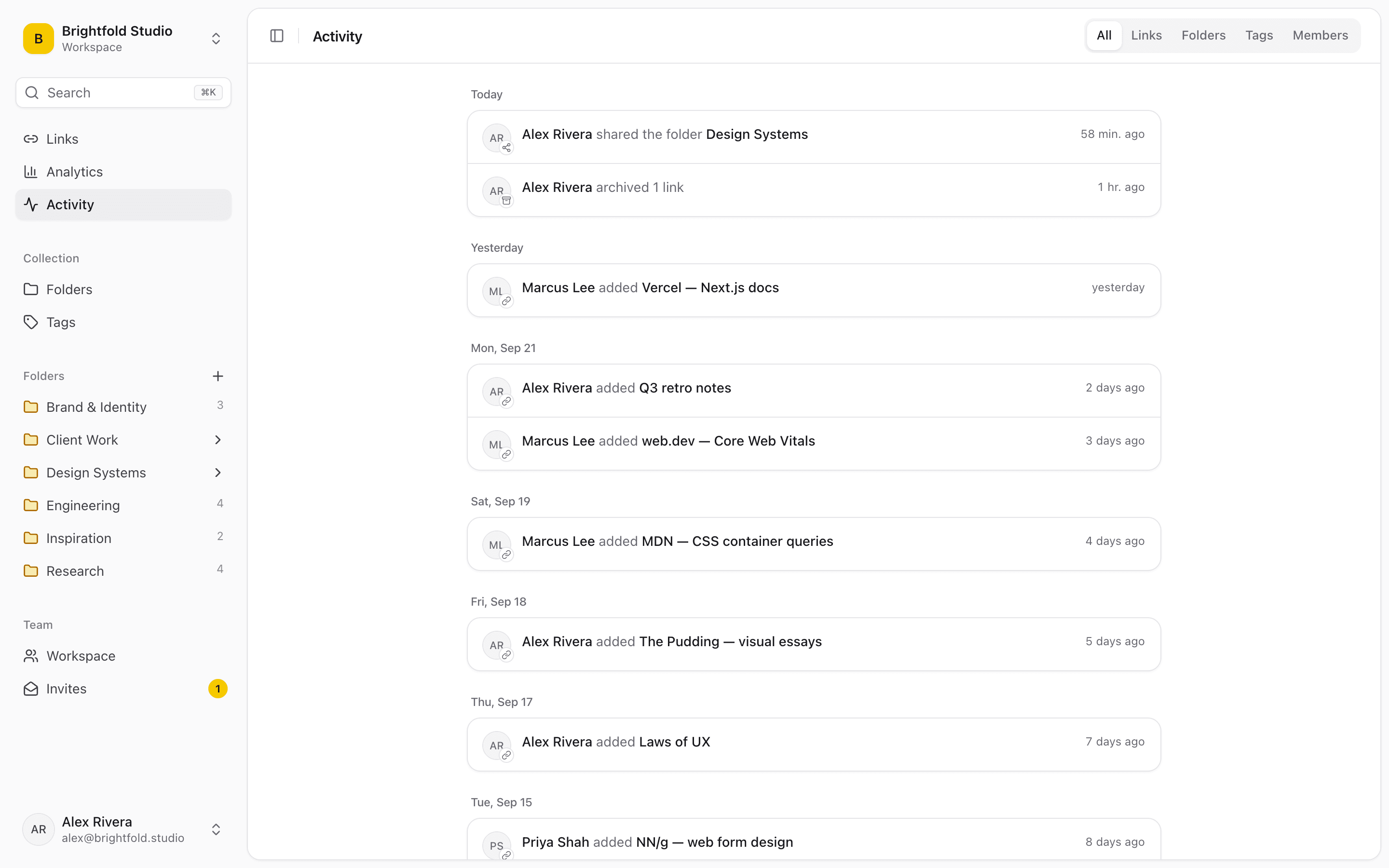 Linkbry’s activity feed showing teammates adding links and sharing a folder over the past week.