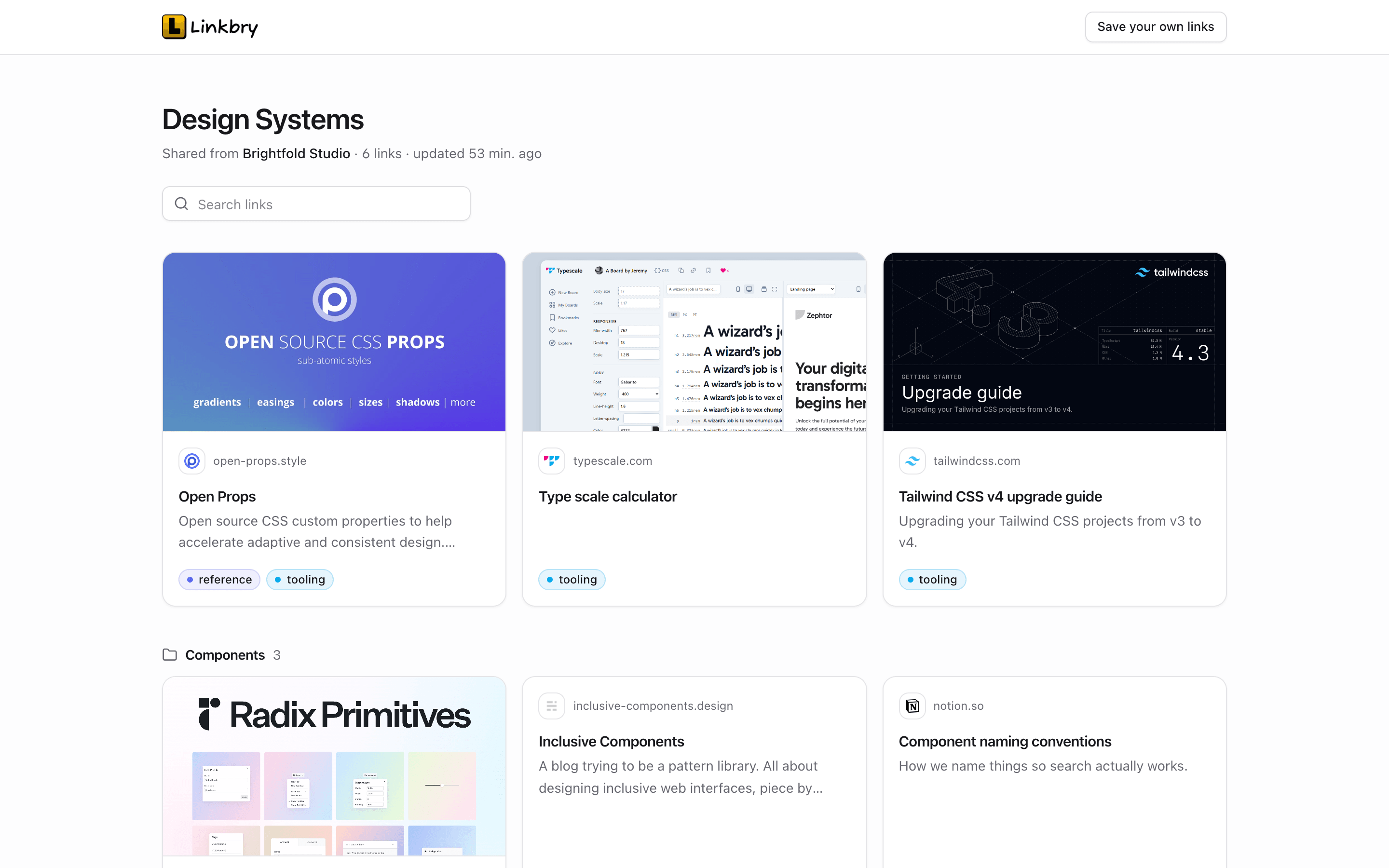A shared Linkbry page as a visitor sees it: a title, a search box and link cards with preview images, grouped into subfolders.