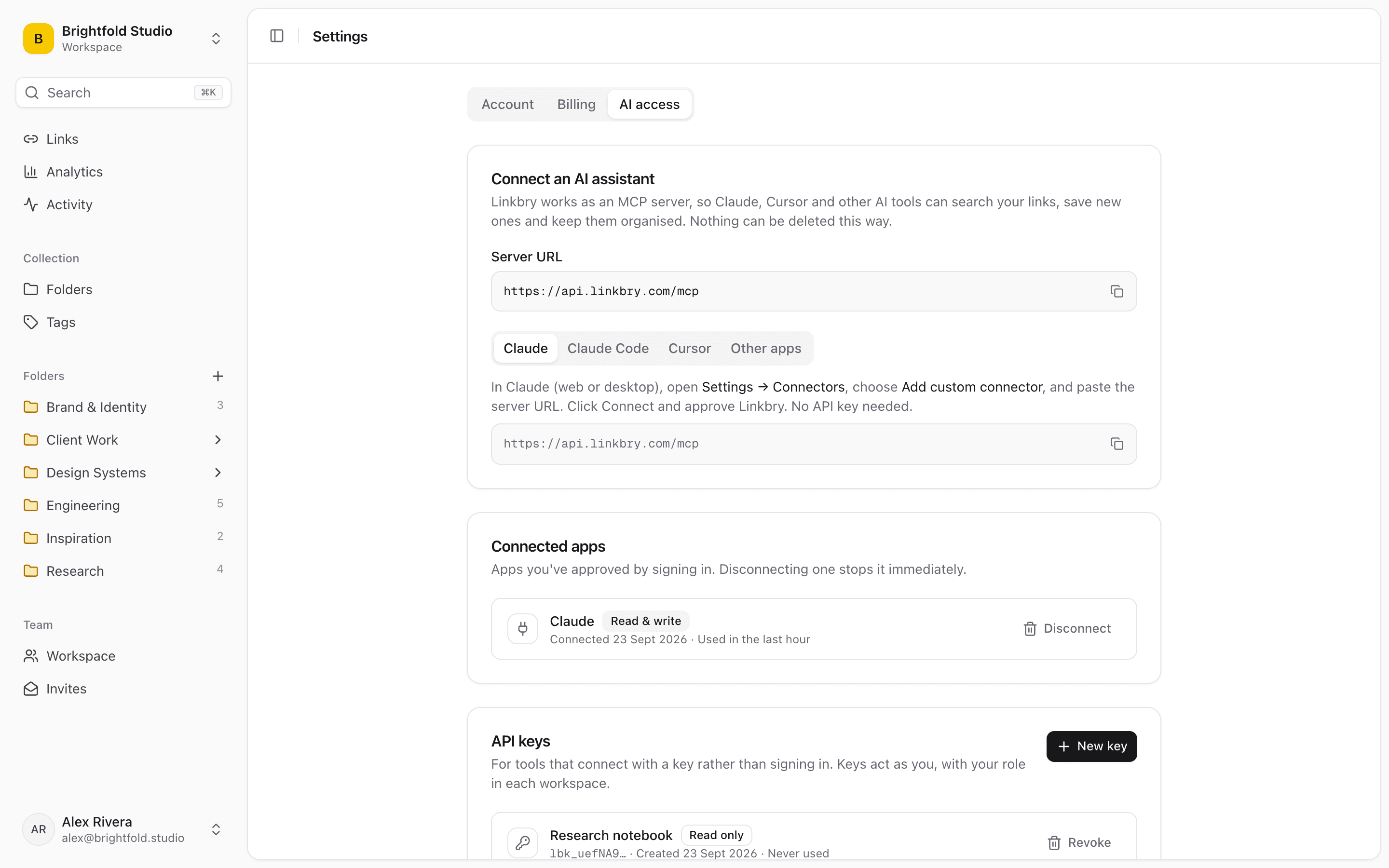 Linkbry's AI access settings: the MCP server URL, setup steps for Claude, Claude Code and Cursor, connected apps and API keys.